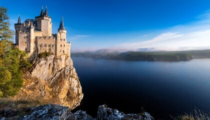 Naklejka premium Majestic castle on a cliffside overlooking a serene lake. Semi-realistic scene emphasizing grand architecture, calm waters, and a dramatic natural landscape.