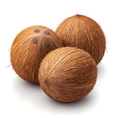Three sun-browned coconuts, a tropical bounty, rest together against a bright white background showcasing their rich texture and natural beauty.