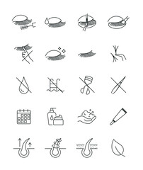 Eyelashes extensions icons set editable stroke. Lashes care icons