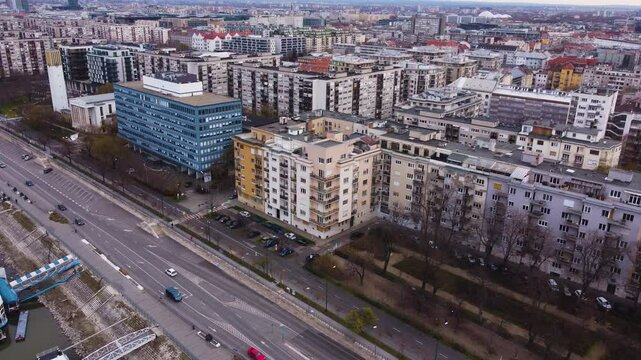Aerial cityscape of Budapest with reformed church on Pozsonyi Street as a focal point spanning Danube River