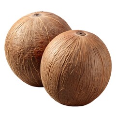 Two earthy brown coconuts, a symbol of tropical paradise, resting together against a stark white background showcasing their natural texture and subtle variations in color.