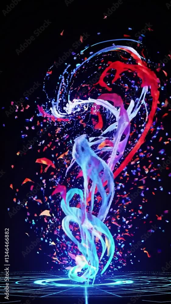 Poster vibrant abstract swirl of colors creating a dynamic visual experience in a dark background, highligh