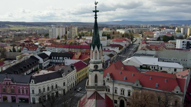 Church and main street in Lučenec, Slovakia. Drone footage.