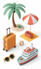 Asset 3D Summer and Travel Icon Set. Vacation and Holiday Symbols.