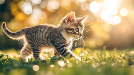 Fototapeta premium Playful kitten strolling through sunlit meadow