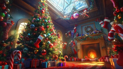 A vibrant indoor Christmas background featuring a tree bursting with colorful ornaments, oversized candy canes, and sparkling garlands.