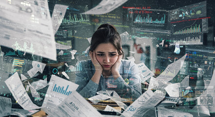 Stressed Businesswoman Overwhelmed by Data and Deadlines in a High Tech Office