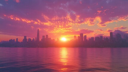 Fototapeta premium A vibrant sunset over a coastal city, where the sky is filled with hues of orange, pink, and purple, as the sun sets behind the skyline.