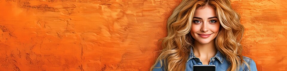Naklejka premium Smiling young woman using a mobile phone on orange wall. Girl browsing internet, chatting, blogging.