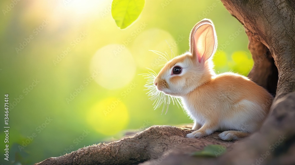 Poster a rabbit emerging from a burrow under tree roots.