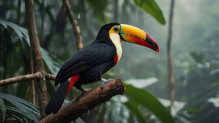 Naklejka premium Toucan Bird Perching on Branch in Rainforest with Lush Greenery
