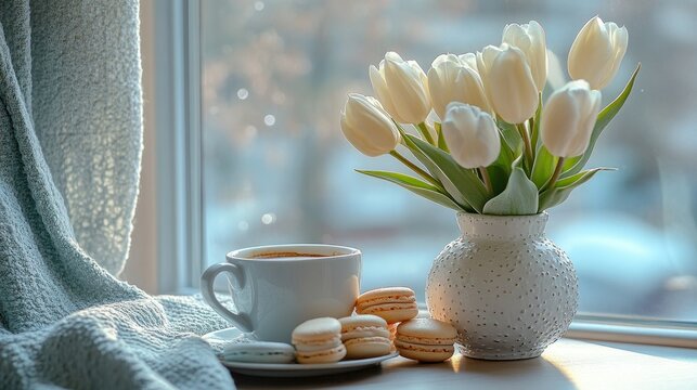Cozy windowsill, coffee, macarons, tulips, winter day