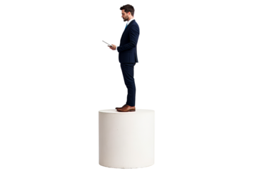 Businessman standing on pedestal holding tablet in professional attire