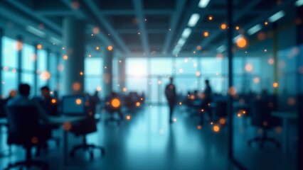 Blurred Corporate Office With Glowing Particles
