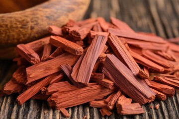 Pile of aromatic red sandalwood chips on wooden table, closeup. Good for aromatherapy, skincare, and perfumery products imagery.