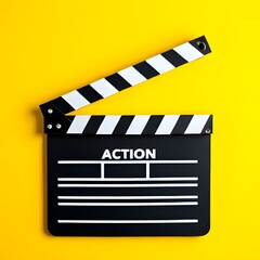 Obraz premium Lights, Camera, Action! A classic film clapperboard on a vibrant yellow background, ready to signal the start of a new cinematic adventure.