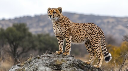Cheetah standing rock, African savanna, wildlife background, nature documentary