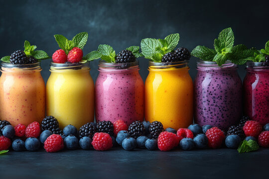 six jars with bright fruit and berry smoothies, decorated with fresh mint leaves, blackberries and raspberries. 
