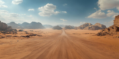 A desert road with a clear blue sky above