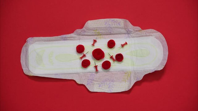 Feminine hygiene pad with red roses and push pins on a red background. Concept of critical period in women. Menstruation period pain protection, blood drops in monthlies. Stop motion animation