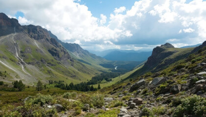 Obraz premium Majestic Mountain Valley Landscape: A Breathtaking Panorama of Alpine Scenery