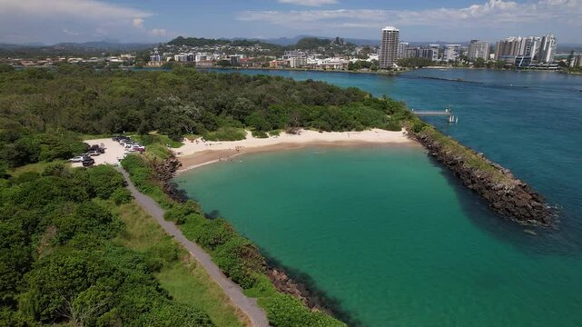 Marlo's Beach And Tweed River On A Sunny Day In NSW, Australia. - aerial pullback shot