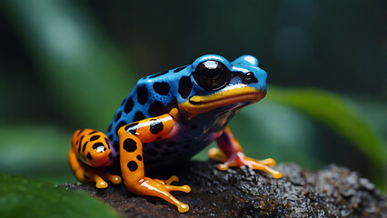 Fototapeta premium Vibrant Poison Dart Frog on Log with Colorful Skin and Spots