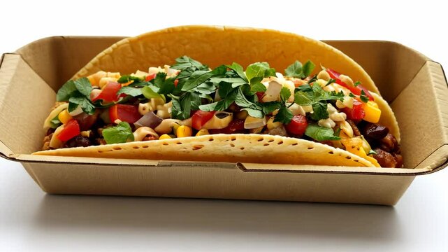 A single taco styled in a compostable tray with fresh toppings visible..