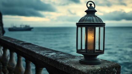 Naklejka premium Aged lantern resting on a balustrade, with the salty sea breeze and distant ships in the background.