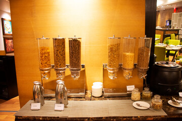 Local vegetarian food buffet service for people eat at restaurant room of resort and hotel at New Delhi, India
