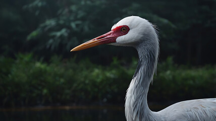 Fototapeta premium White Naped Crane Profile with Red Markings Near River Bank