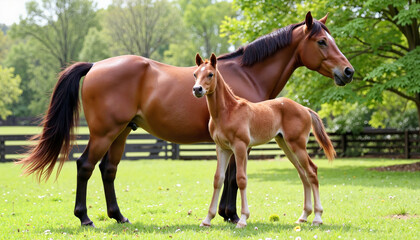 Fototapeta premium Horse and foal standing together on green pasture 