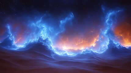 Mystical Landscape Featuring Glowing Clouds and Abstract Sand Dunes Under a Starry Night Sky Creates a Dramatic Scene.