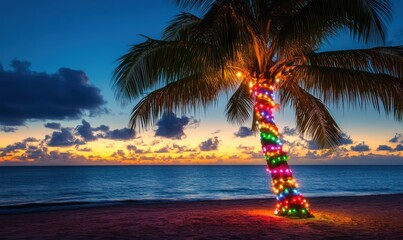 Festive palm tree on tropical beach sunset