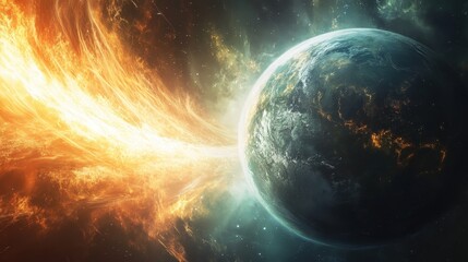 A visualization of Earth's magnetosphere shielding the planet from solar radiation.