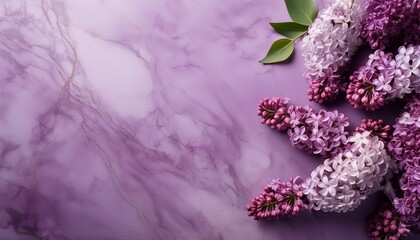 Top view of purple Lilac flowers on lilac marble  background with copy space. Generated image