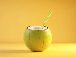 Fresh Coconut Drink for Yellow Background.