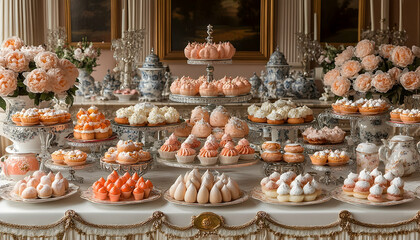 Fototapeta premium Elegant dessert table adorned with pastel pastries, floral arrangements, and vintage decor in a luxurious setting