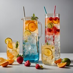 "A minimalist composition featuring three transparent glass jars filled with cold, refreshing drinks and ice cubes. The jar in the center contains vibrant orange lemonade, while the other two jars hol