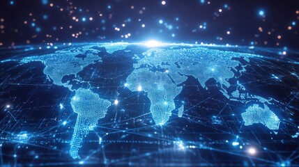 Digital World Map with Glowing Connections and Global Data Visualization