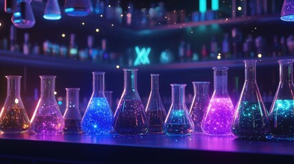 Glowing liquids in flasks, bar background, science experiment