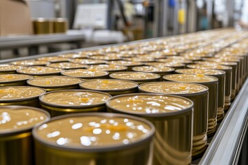 Canned food production line with freshly filled cans at a manufacturing facility in full operation