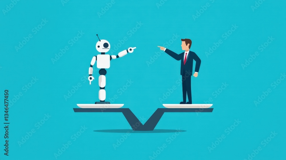 Poster a robot is standing on a scale with a man in a suit on the other side