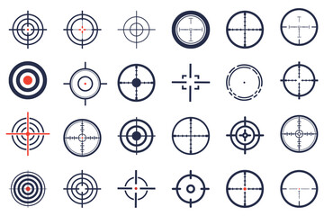 Sniper and Target Reticle Set. A highly detailed pack of sniper scopes, aiming reticles, and shooting targets. Ideal for gaming, military designs, and shooting-related branding.