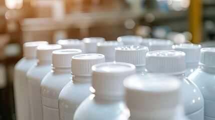 A close-up of multiple empty white plastic bottles, perfectly aligned and ready to be filled with a liquid product.