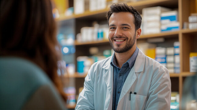 Uomo di circa 30 anni in camice da medico, sorridente, mentre consiglia un cliente in farmacia