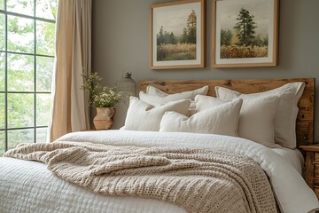 Fototapeta premium A comfy bedroom featuring grey walls, cream bedding, and charm.