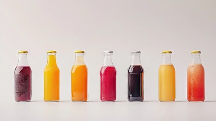 A collection of bottles with bright, tasty drinks like berry juices, iced coffee, and sodas, standing isolated on a clean white surface.
