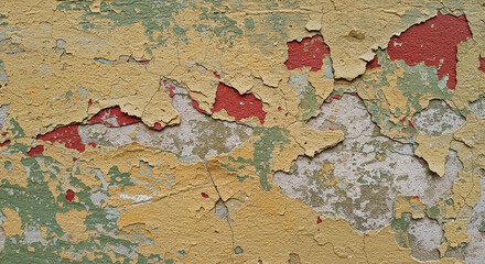 Naklejka premium Aging and peeling paint on an exterior wall. Large cracks and flaking paint emphasize neglect and the need for repairs. Ideal for insurance, construction, and maintenance content.