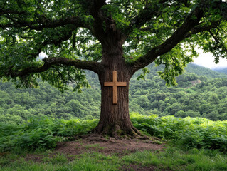 Obraz premium old oak tree stands majestically with wooden cross carved into its trunk, surrounded by lush greenery and hills